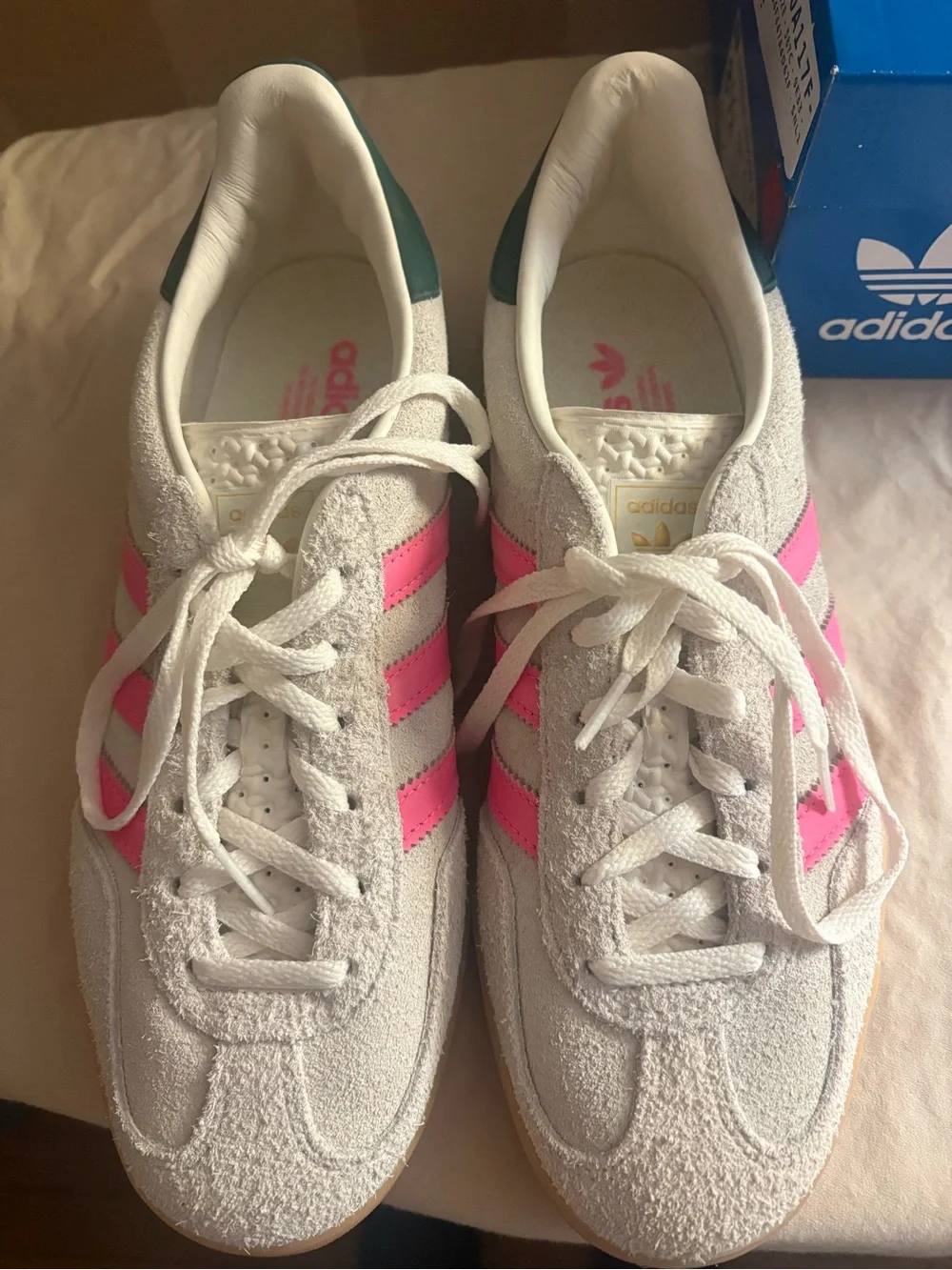adidas Gazelle White Sneakers with Pink Stripes and Green Heel